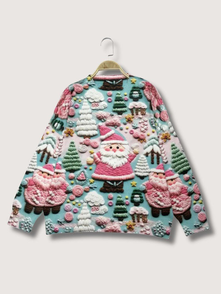 Womens Christmas Sweater with 3D Santa and Snow Pattern