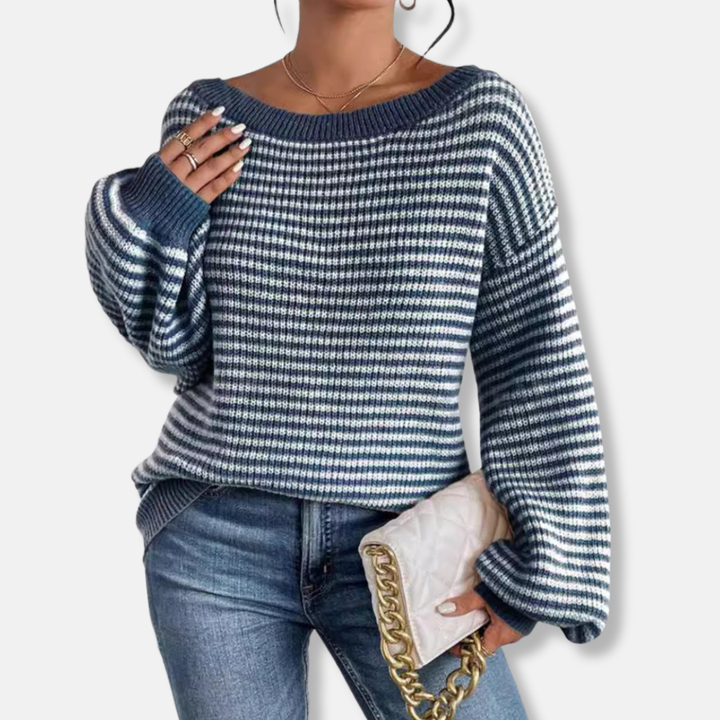 Womens Knitted Sweatshirt Textured Stripe Relaxed Fit Boat Neck - BritishMode