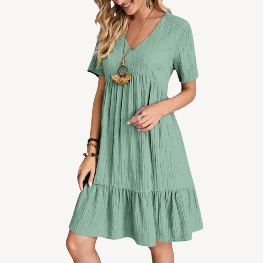 Womens Cotton Dress V-Neck Ruffle Summer