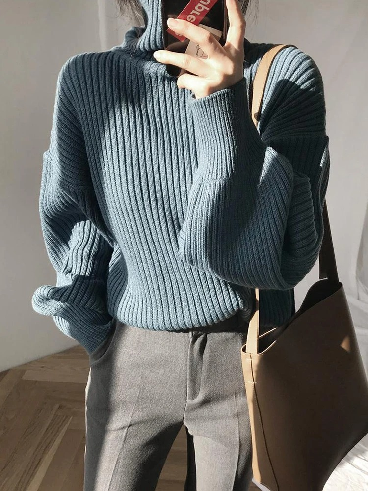 Womens Chunky Knit Sweater with Turtleneck Warm