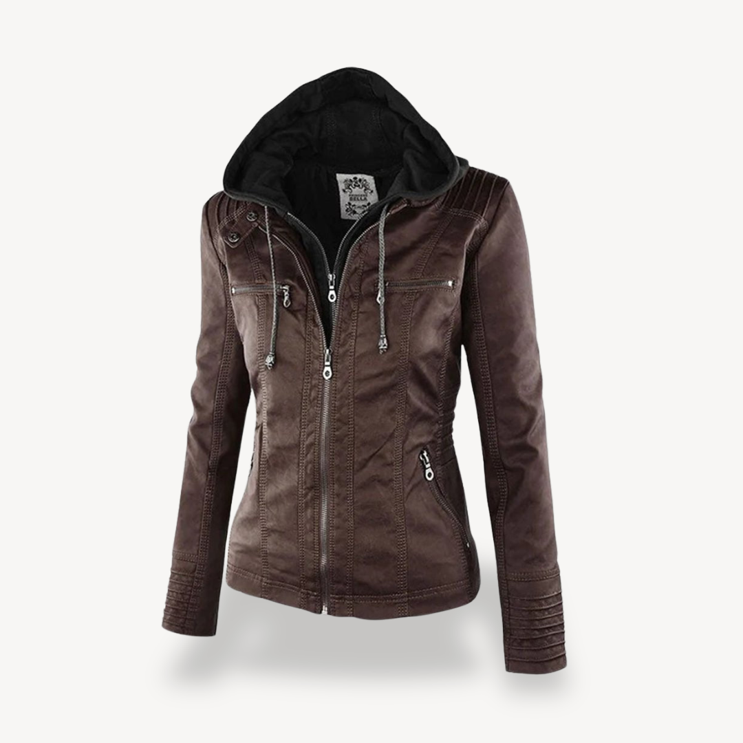 Womens Leather Hooded Jacket Waterproof
