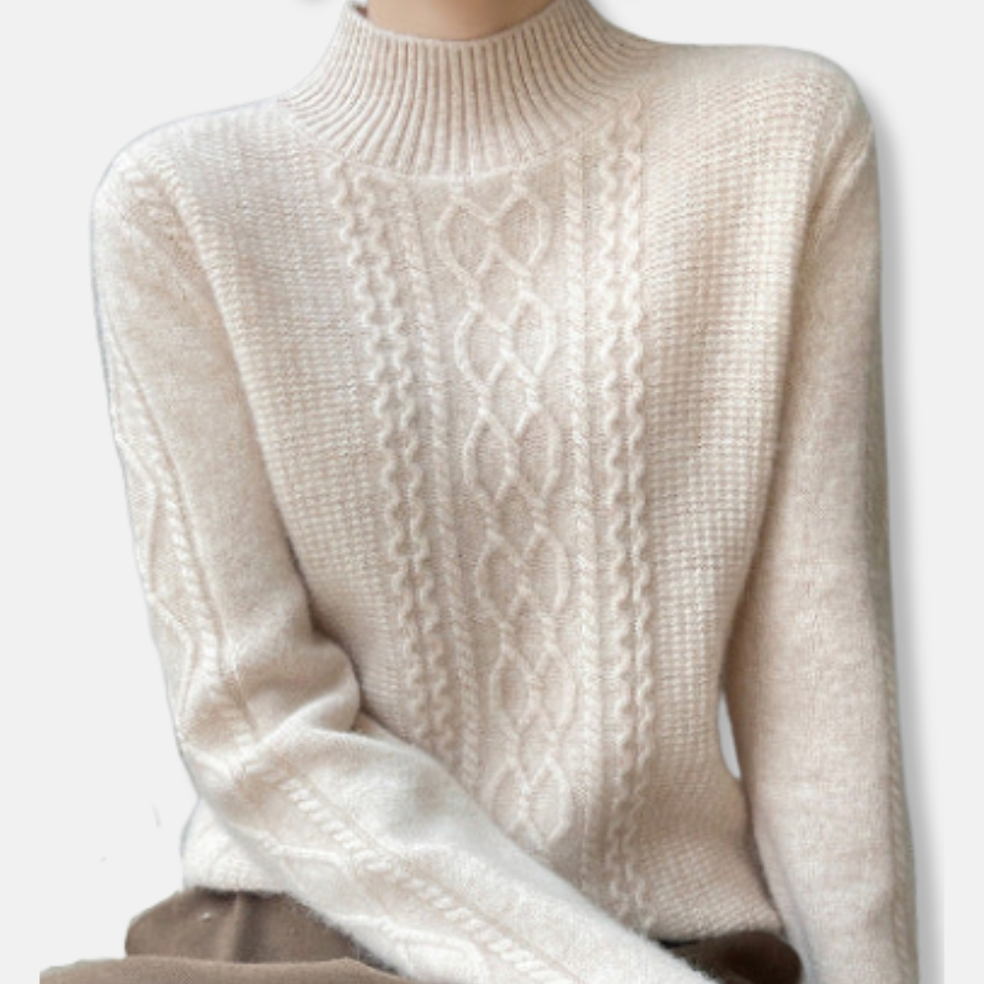 Womens Sweatshirt Wool Blend Cable Knit Relaxed Fit Ribbed Mock Neck
