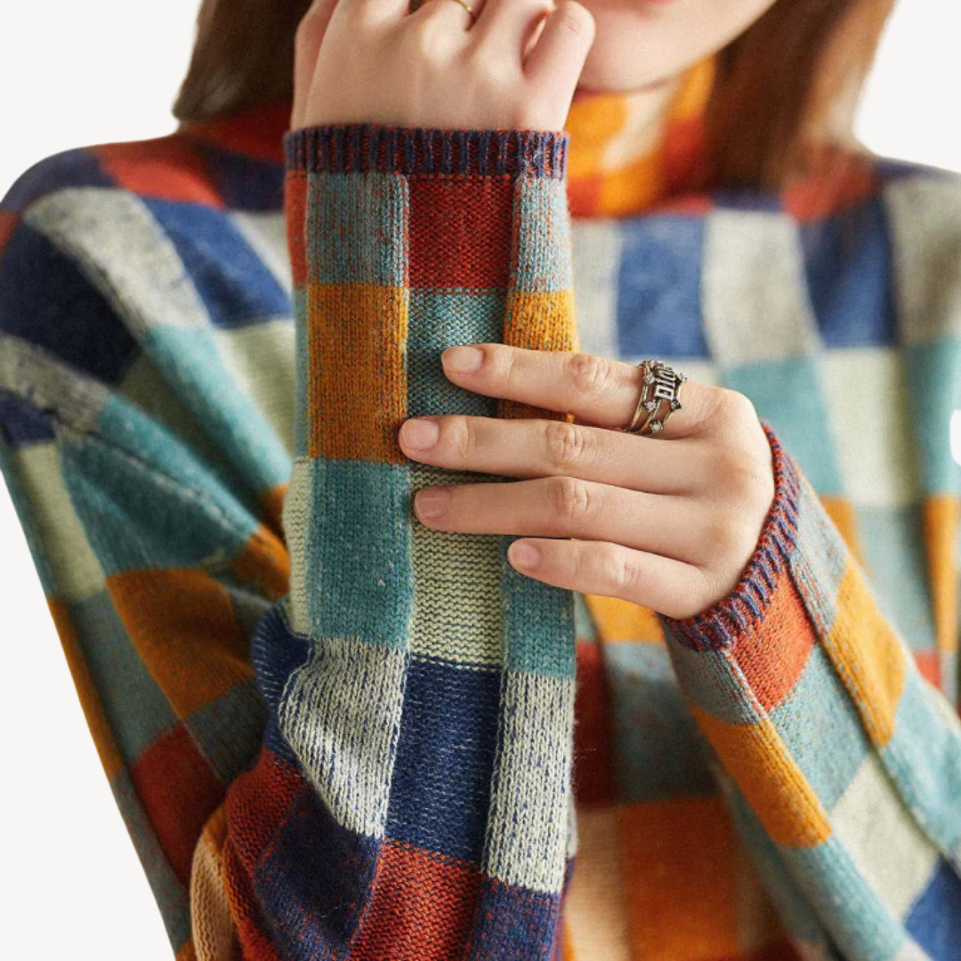 Womens Knit Sweater Checkered Pattern Regular Fit