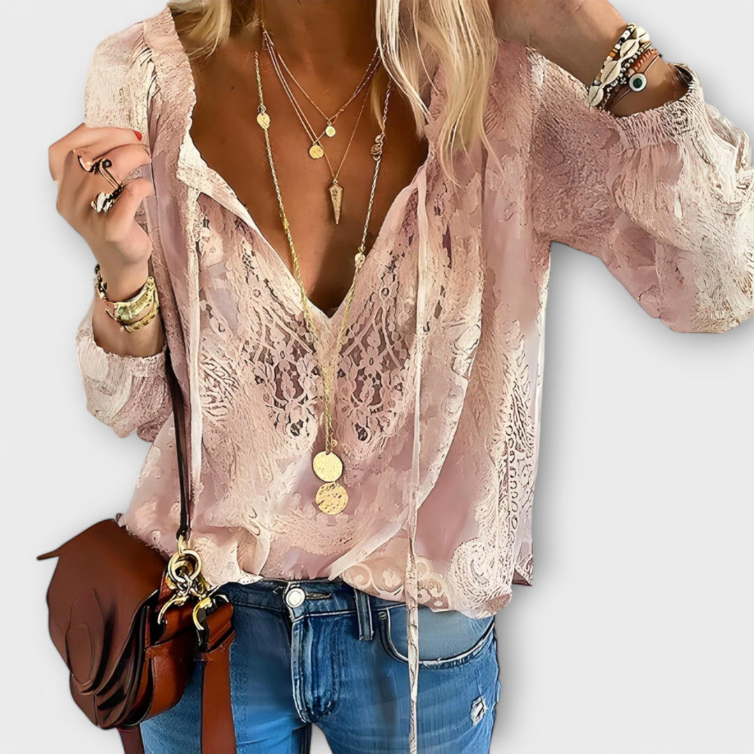 Womens Peasant Top V-Neck Long Sleeve Casual