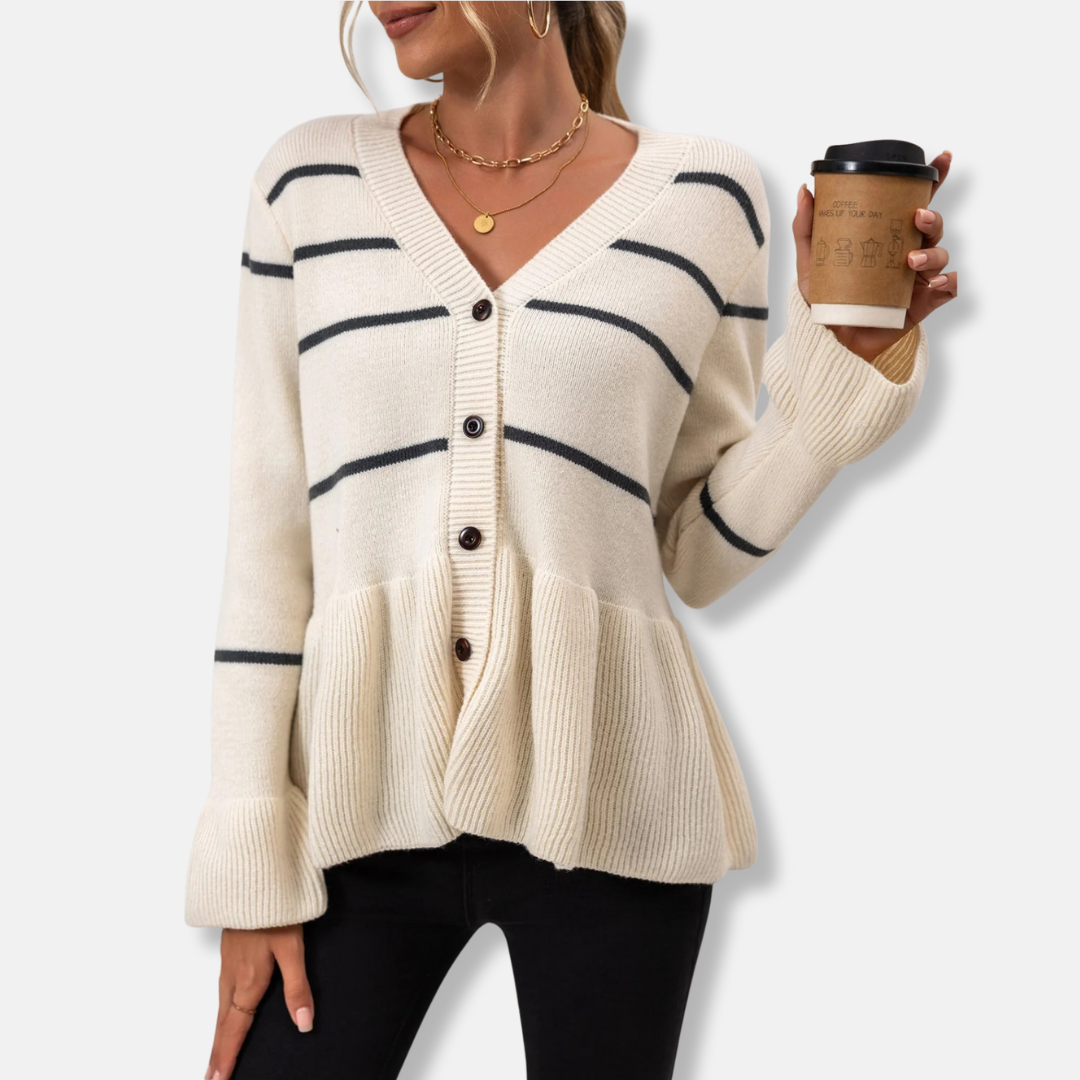 Womens Cardigan V-Neck Button Front Loose Fit Peplum Hem - BritishMode