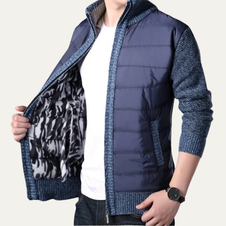 Mens Puffer Jacket Knit Sleeves Zip-Up Winter