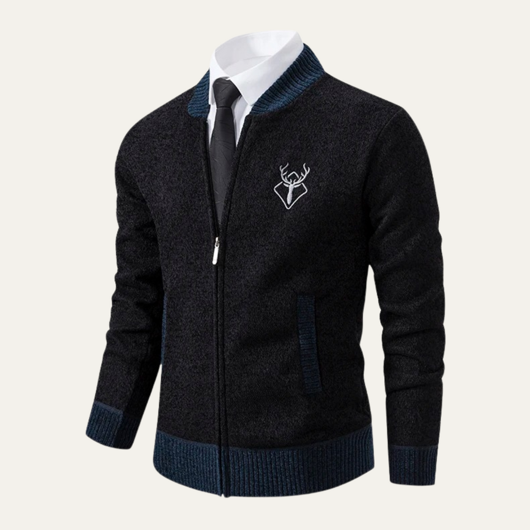 Mens Knit Zip Cardigan Embroidered Smart Fit