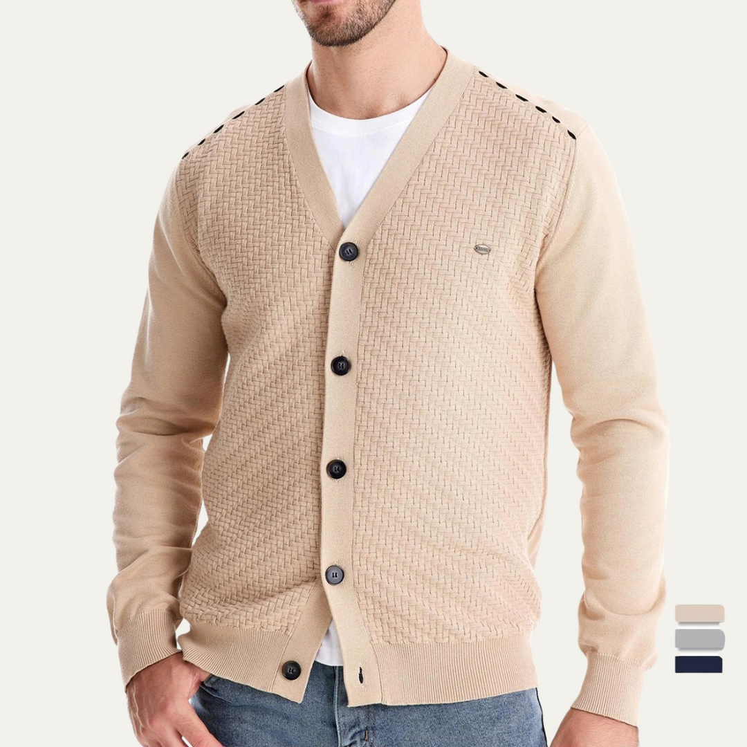 Mens Basketweave Knit Cardigan V-Neck Button Front