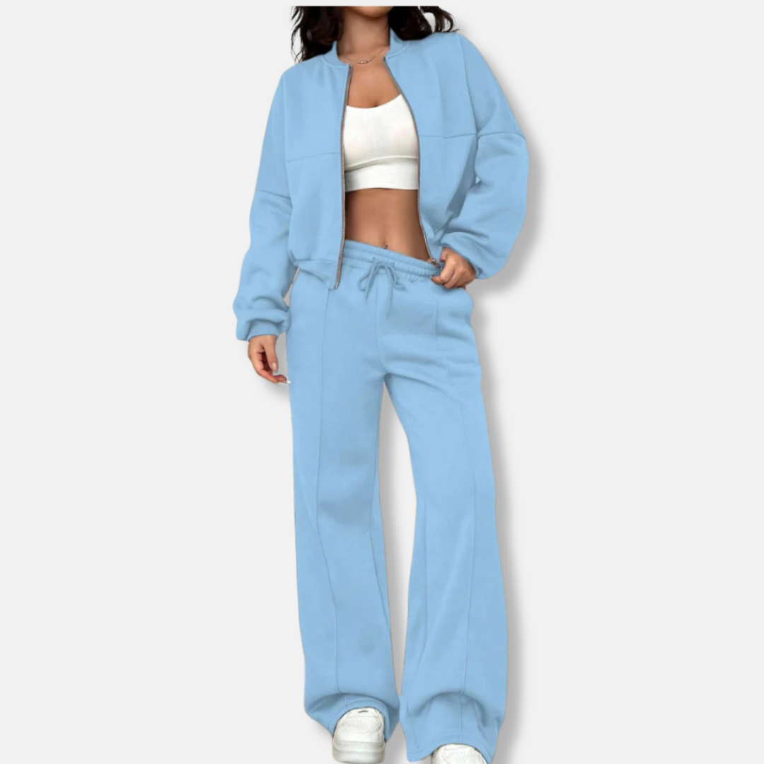 Womens Two-Piece Set Bomber Jacket Cropped Wide Leg Trousers