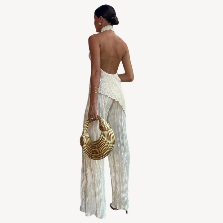 Womens Plissé Jumpsuit with Halter Neck Sleeveless