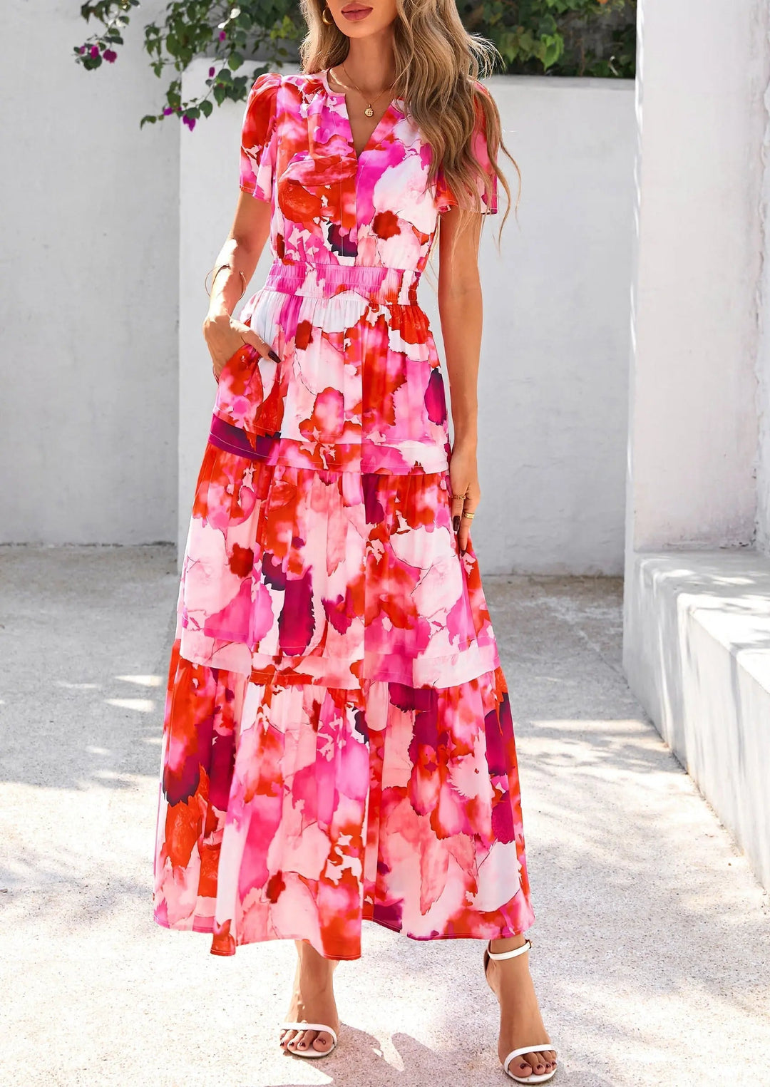 Womens Maxi Dress Floral Boho V-Neck Short Sleeve Flowy A-Line