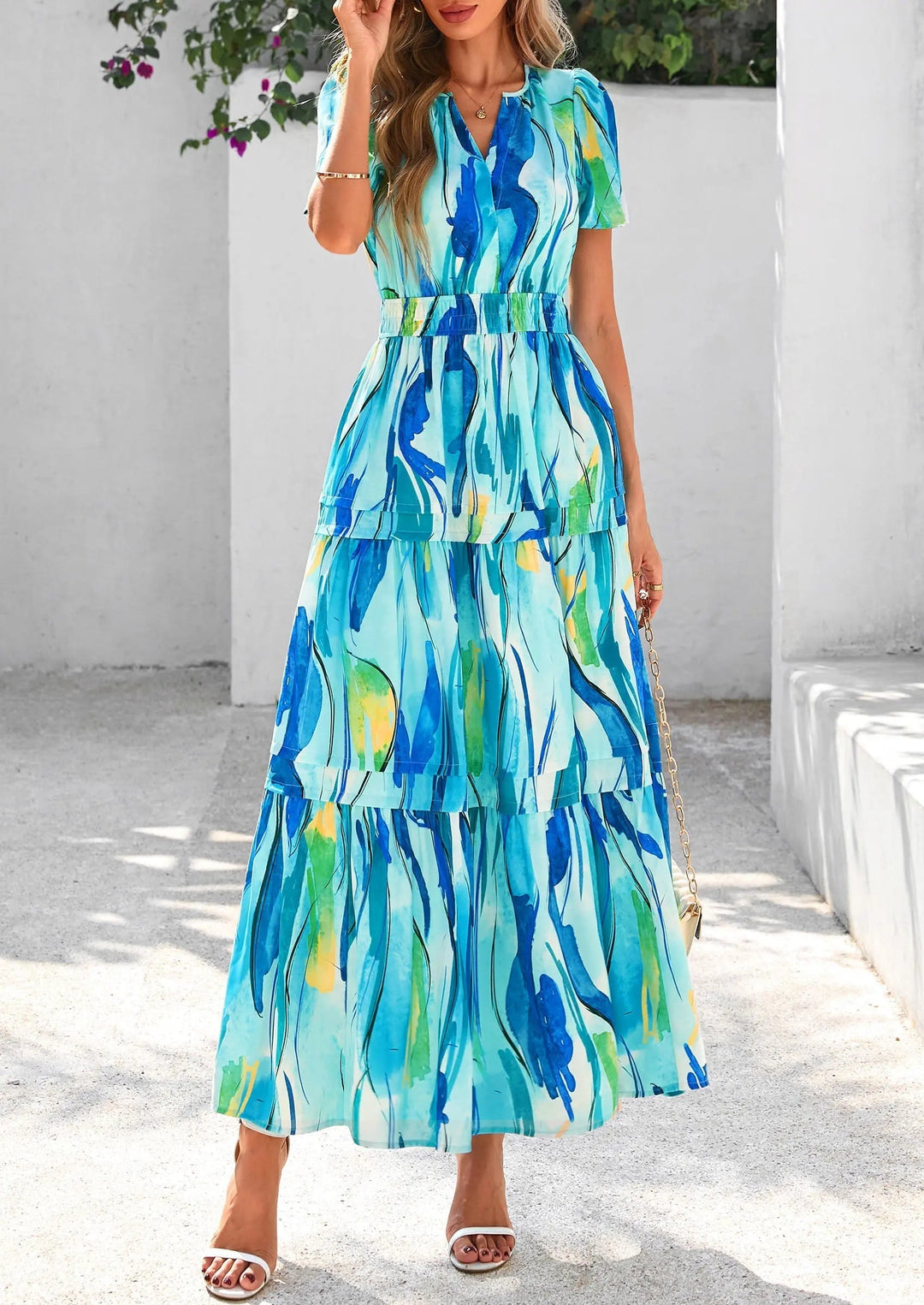 Womens Maxi Dress Floral Boho V-Neck Short Sleeve Flowy A-Line