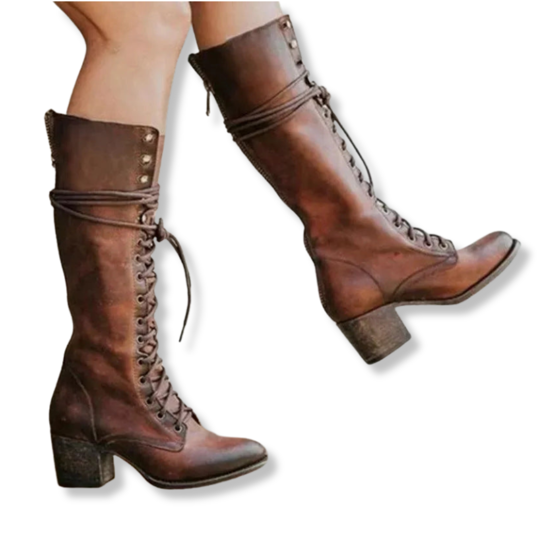 Womens Knee Boots Lace-Up Block Heel Fold-Over Cuff