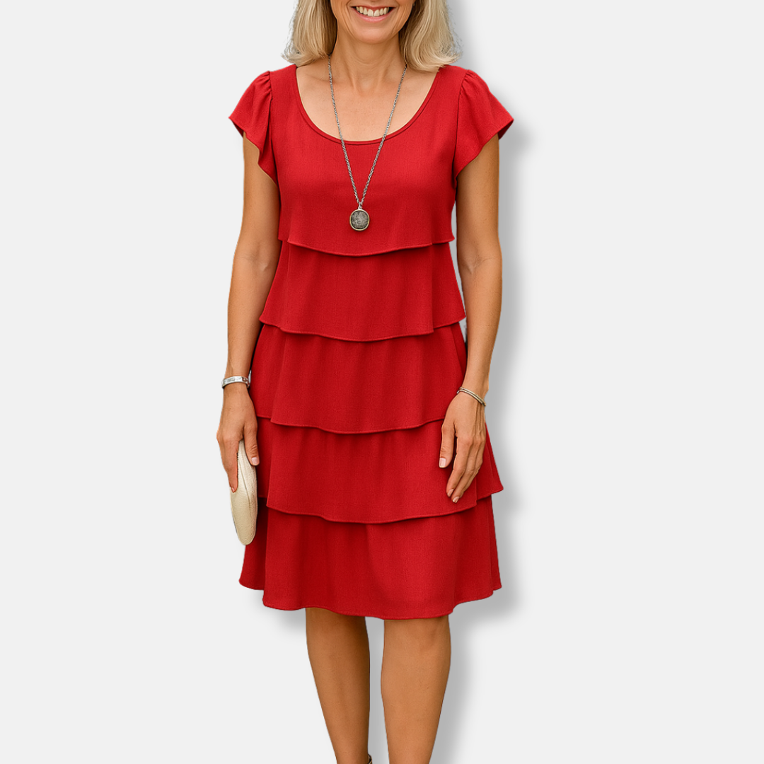 Womens A-Line Dress Tiered Scoop Neck Flutter Sleeve - BritishMode
