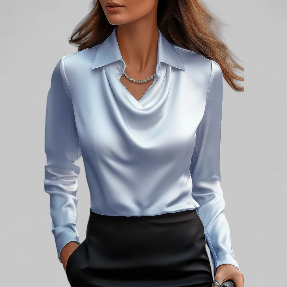Womens Satin Blouse with Lace Point Collar and Cowl Neck Long Sleeve