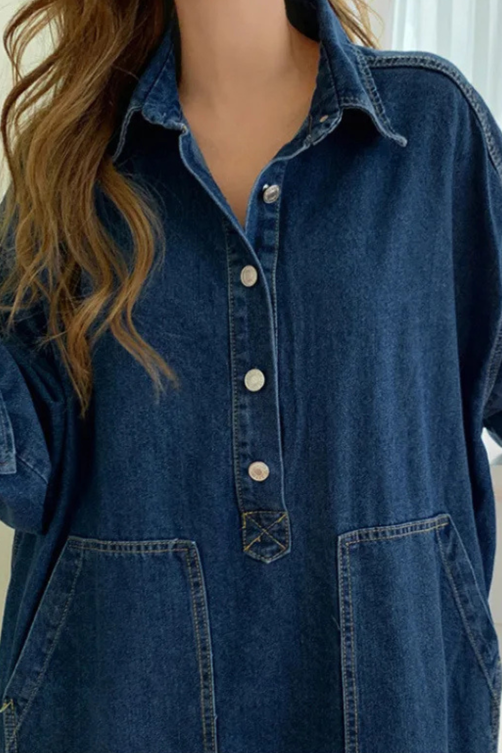 Womens Denim Maxi Dress Oversized Long Sleeve Collared with Pockets