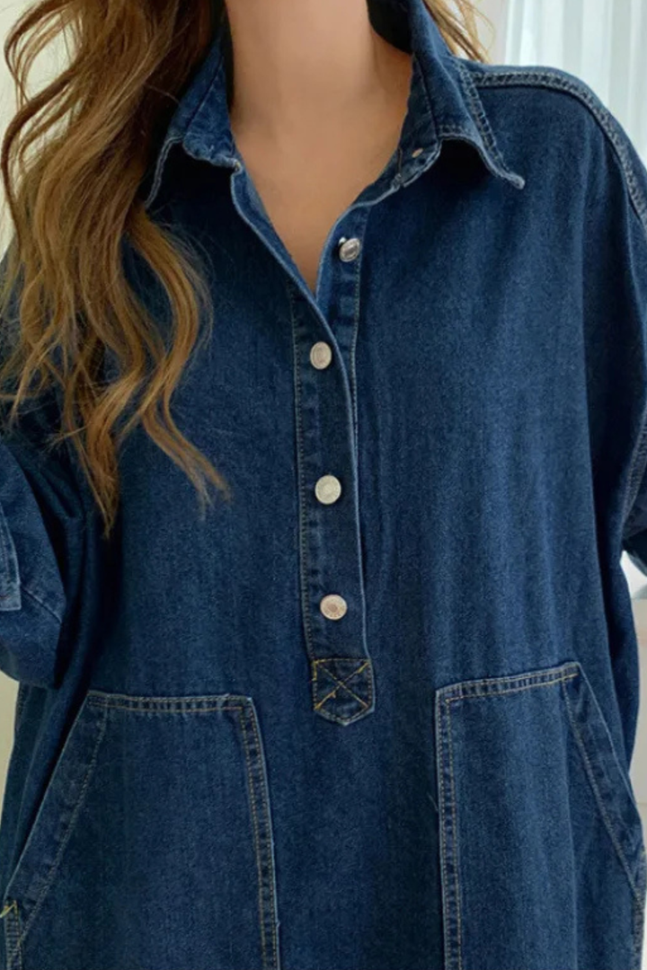 Womens Denim Maxi Dress Oversized Long Sleeve Collared with Pockets