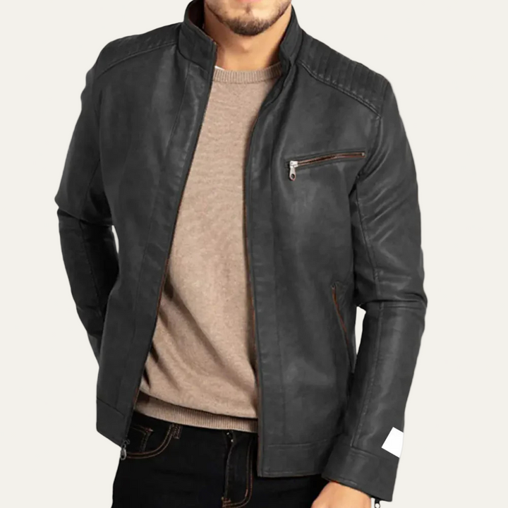 Mens Biker Jacket Faux Leather Stand Collar