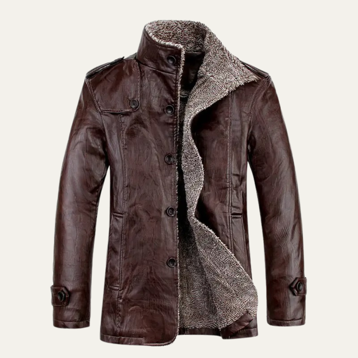Mens Leather Jacket with Fleece Lining and Stand Collar