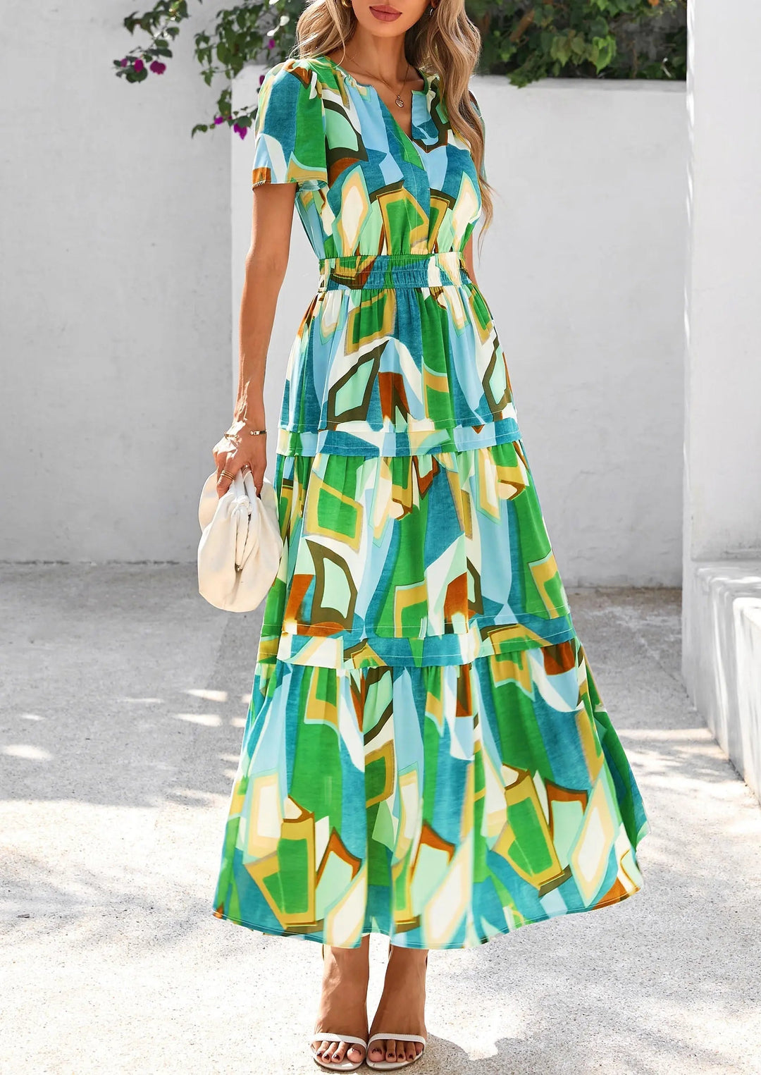 Womens Maxi Dress Floral Boho V-Neck Short Sleeve Flowy A-Line