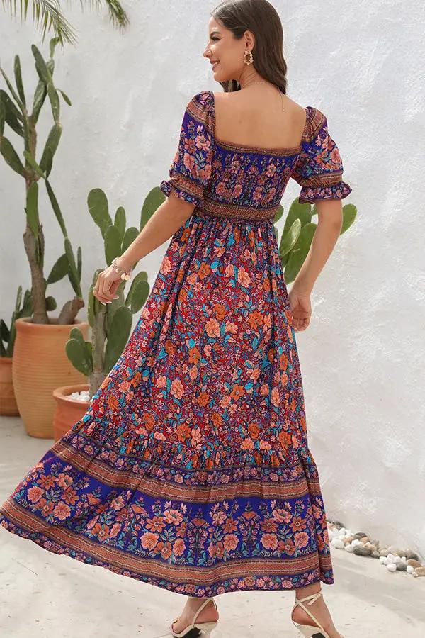 Womens Maxi Dress Printed Bohemian Smocked Short Sleeve
