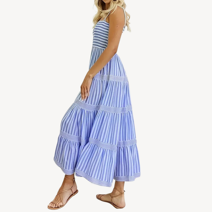 Womens Tiered Midi Dress Striped Pattern