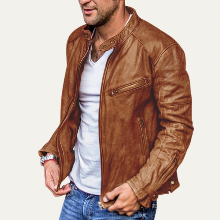 Mens Moto Jacket Faux Leather Stand Collar Vintage Style
