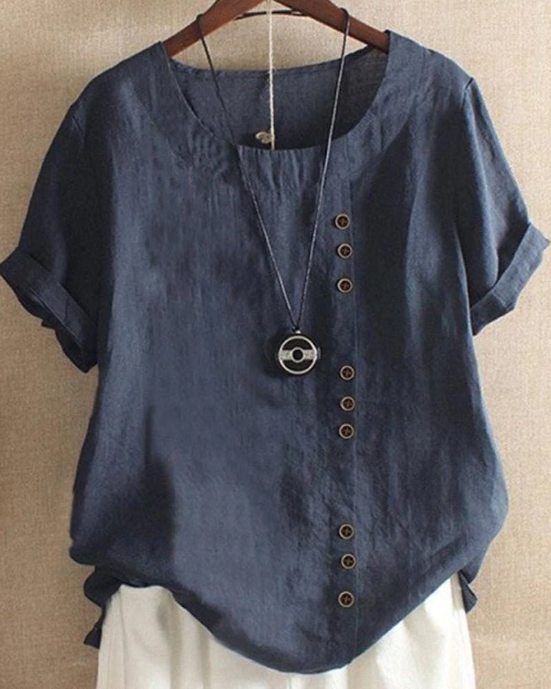Womens Linen Blouse Casual Peasant Style Button Detail