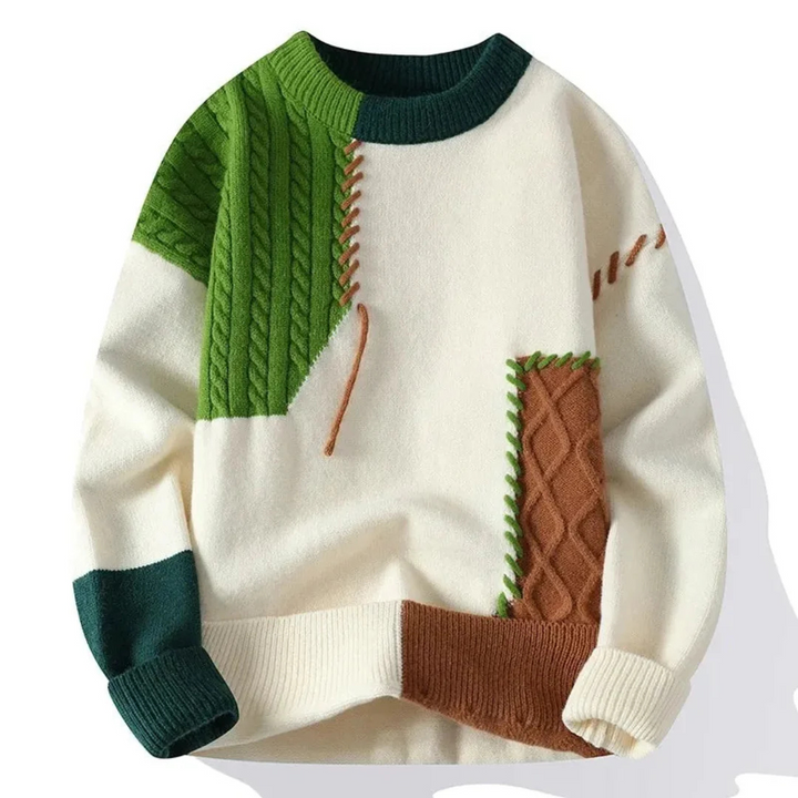 Mens Crew Neck Sweater Patchwork Contrast Panels