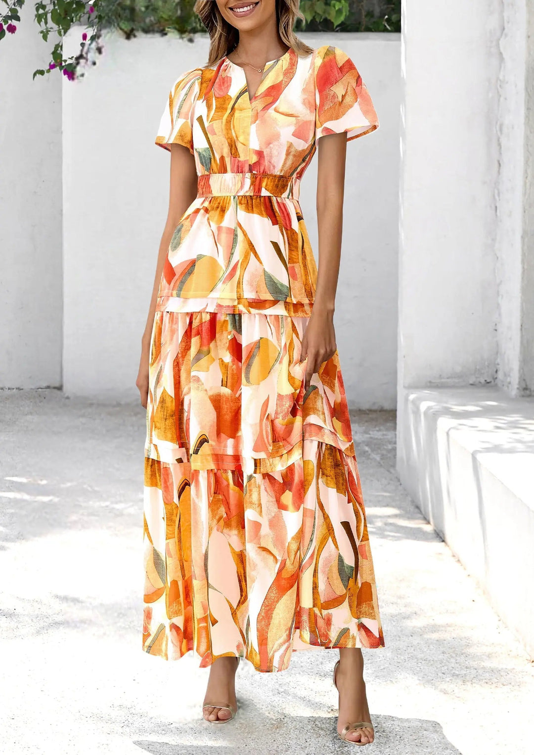 Womens Maxi Dress Floral Boho V-Neck Short Sleeve Flowy A-Line