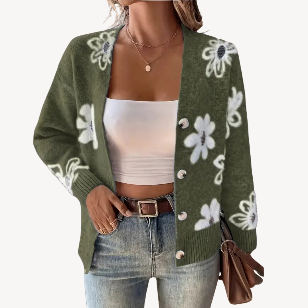 Womens Knit Cardigan Sweater Floral Print