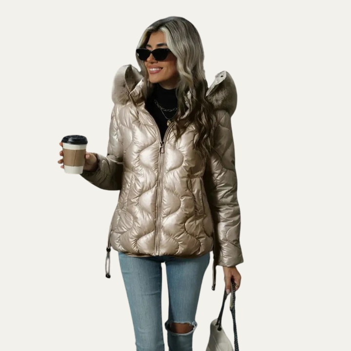 Womens Quilted Puffer Jacket Metallic Insulated Fit
