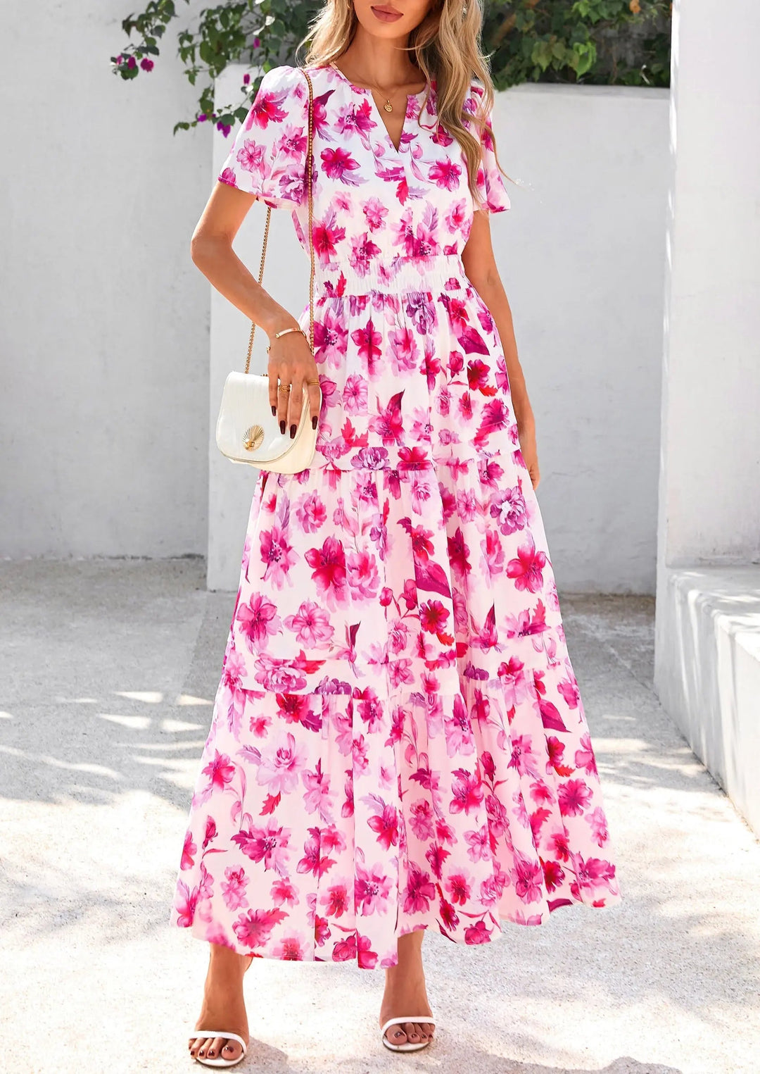 Womens Maxi Dress Floral Boho V-Neck Short Sleeve Flowy A-Line