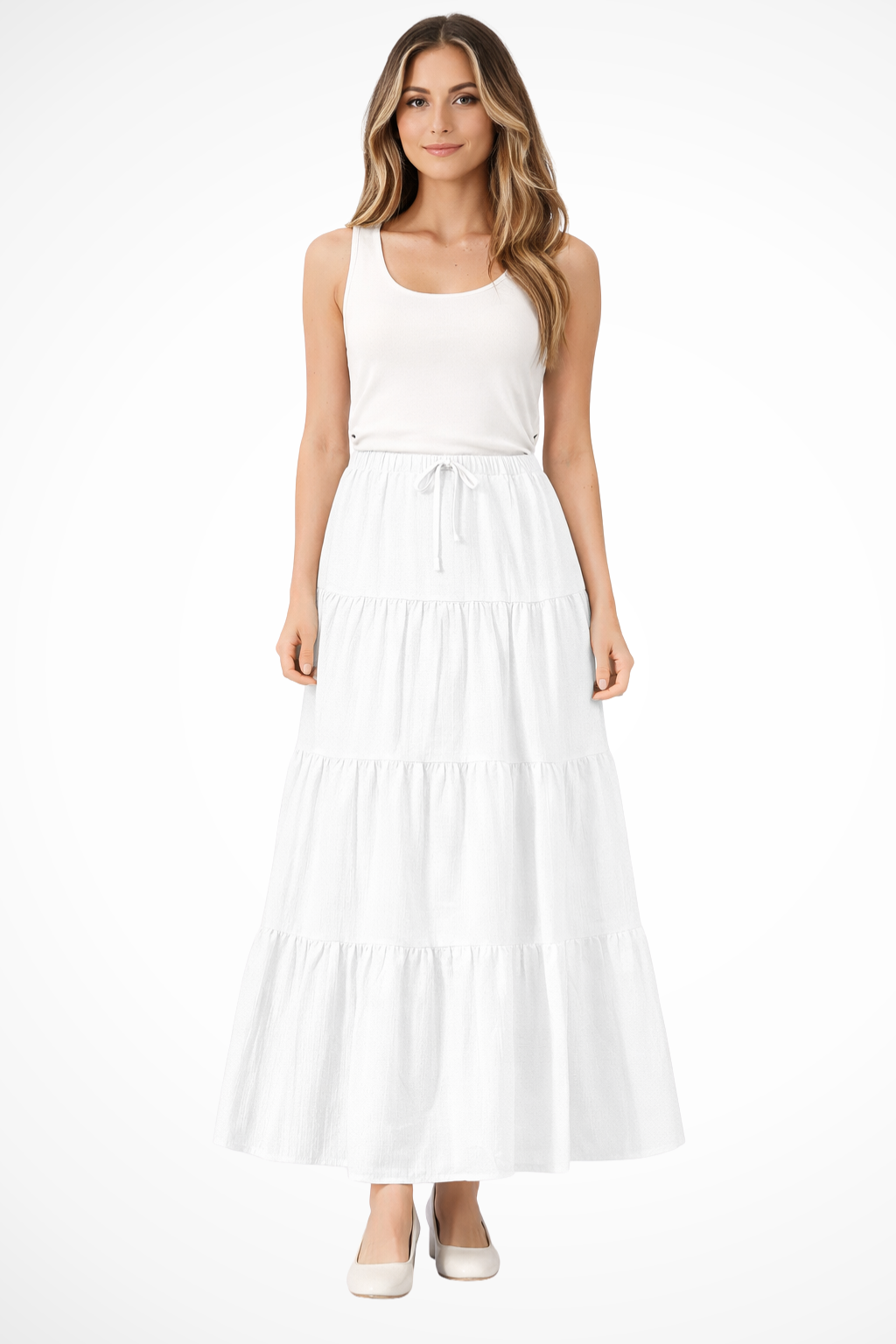 Womens Maxi Skirt Elastic Waist Drawstring Tiered Boho Style
