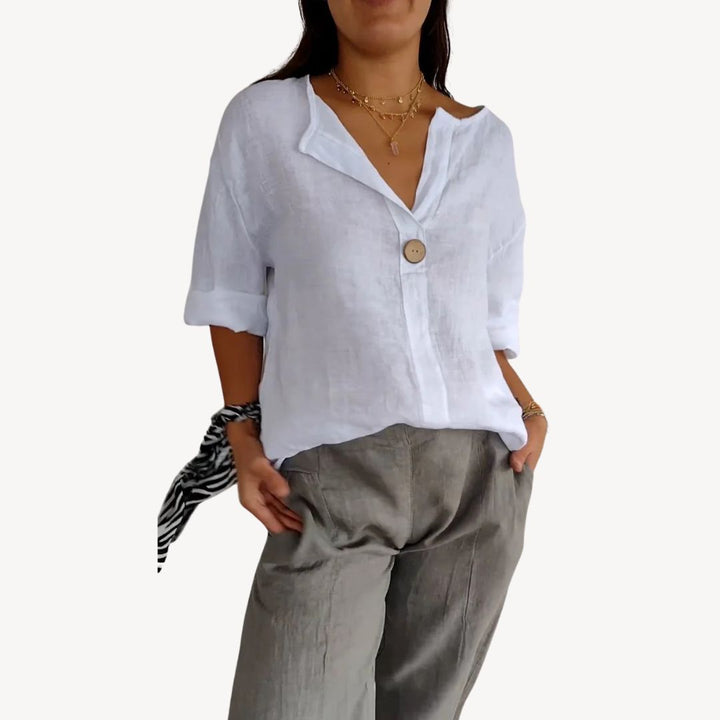 Womens Linen Blouse Long Sleeve V-Neck