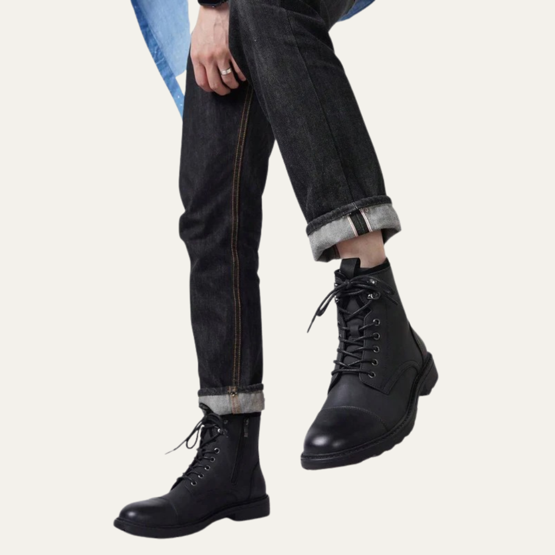 Mens Ankle Boots Leather Cap Toe Lace-Up Combat Style