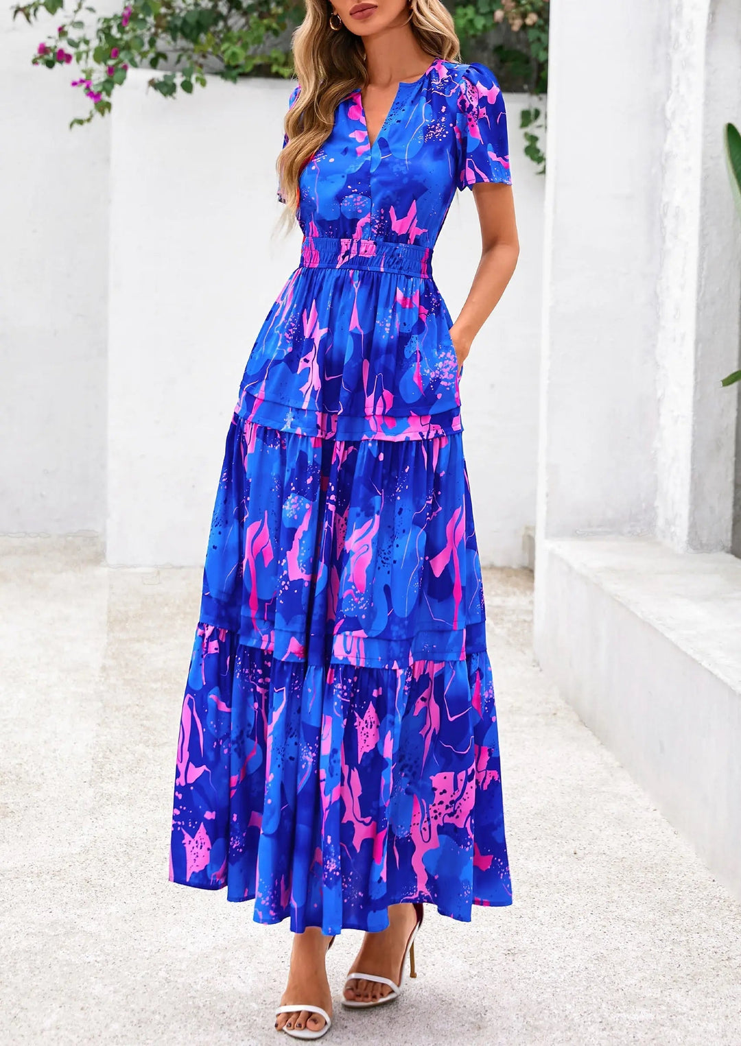 Womens Maxi Dress Floral Boho V-Neck Short Sleeve Flowy A-Line