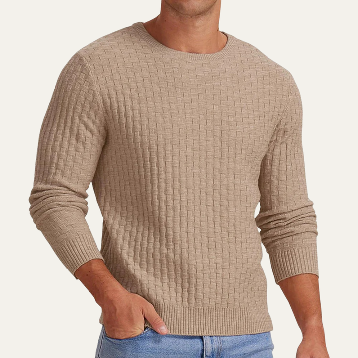 Mens Crew Neck Sweater Textured Basket Weave Knit