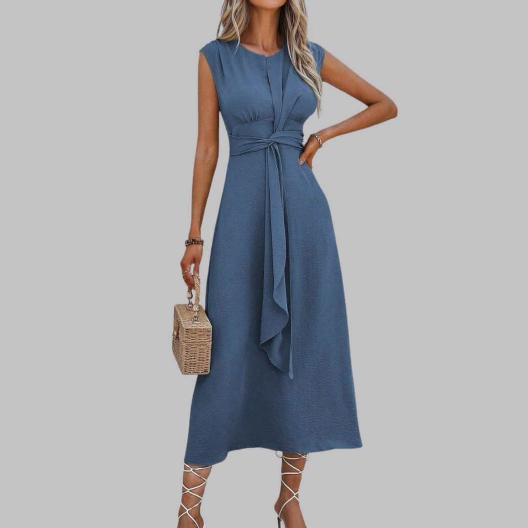 Womens Midi Dress with Belt Sleeveless Round Neck A-Line
