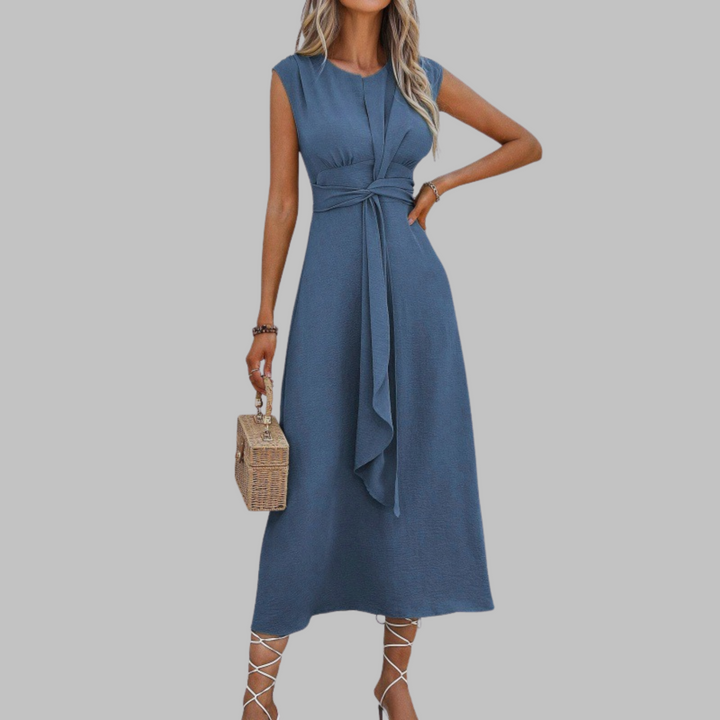 Womens Midi Dress with Belt Sleeveless Round Neck A-Line