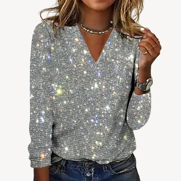 Womens Long Sleeve Top with Sequin and V-Neck