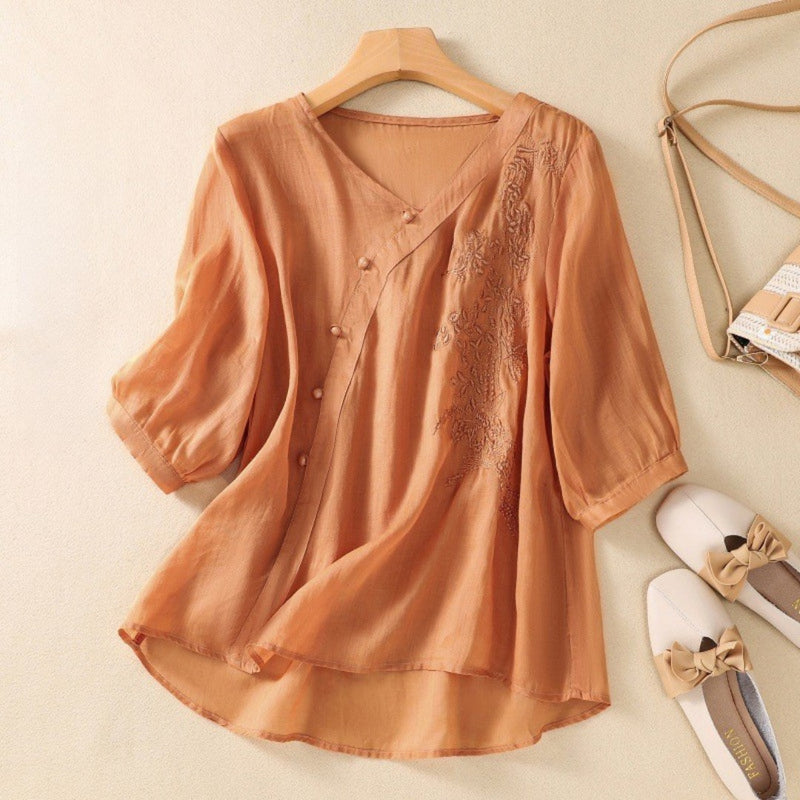 Womens Tunic Top Off-Center Button Relaxed Fit