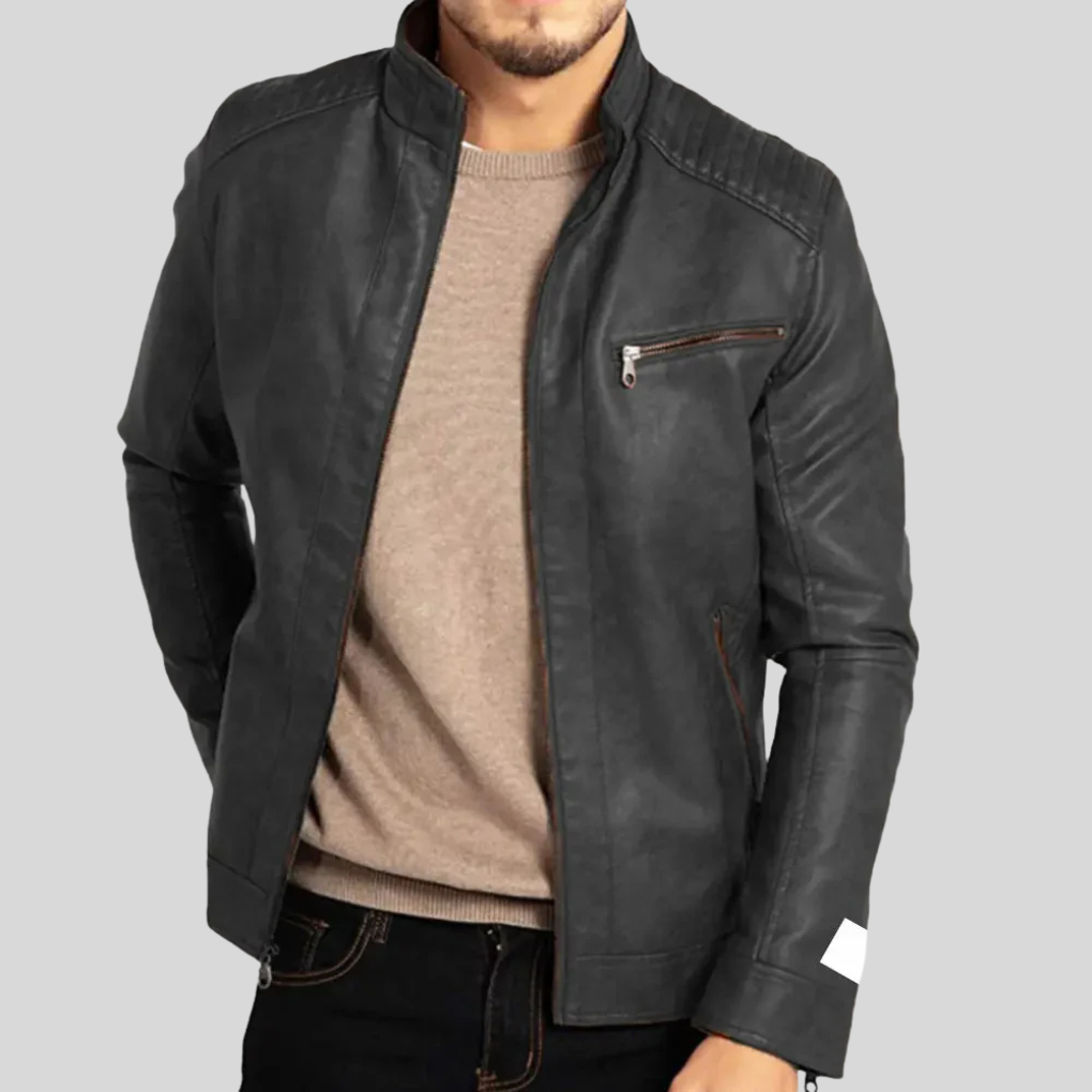 Mens Leather Jacket Wind-Resistant Slim Fit