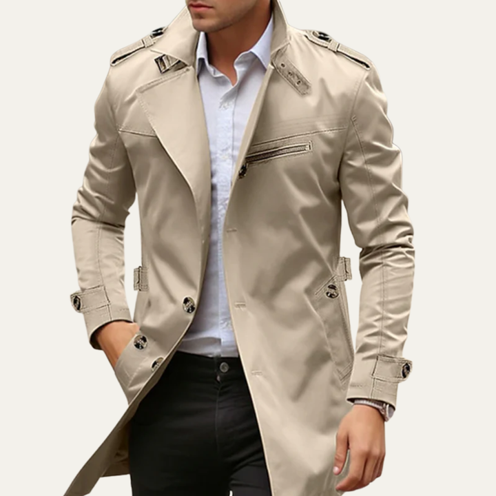 Mens Trench Coat Long Single-Breasted Classic Fit