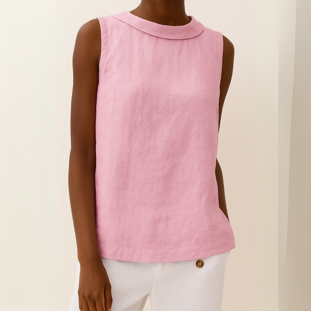 Womens Sleeveless Linen Top Rolled Collar Relaxed Fit