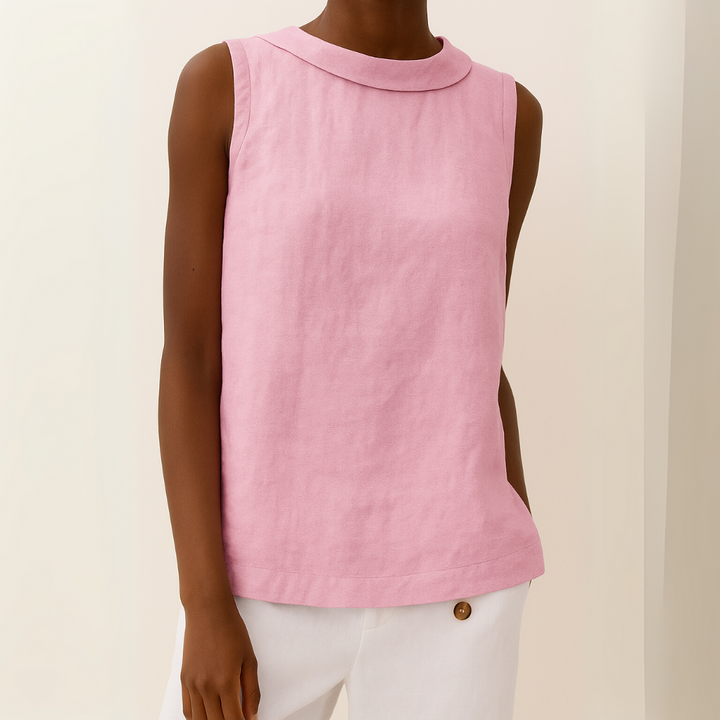 Womens Sleeveless Linen Top Rolled Collar Relaxed Fit
