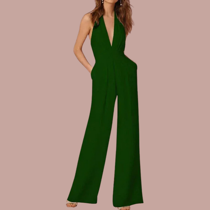 Womens Sleeveless Jumpsuit with Wide Legs and Deep V-Neck