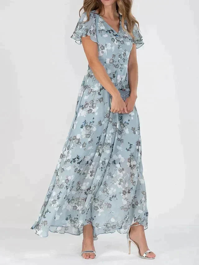 Womens Long Dress V-Neck Floral Pattern - BritishMode