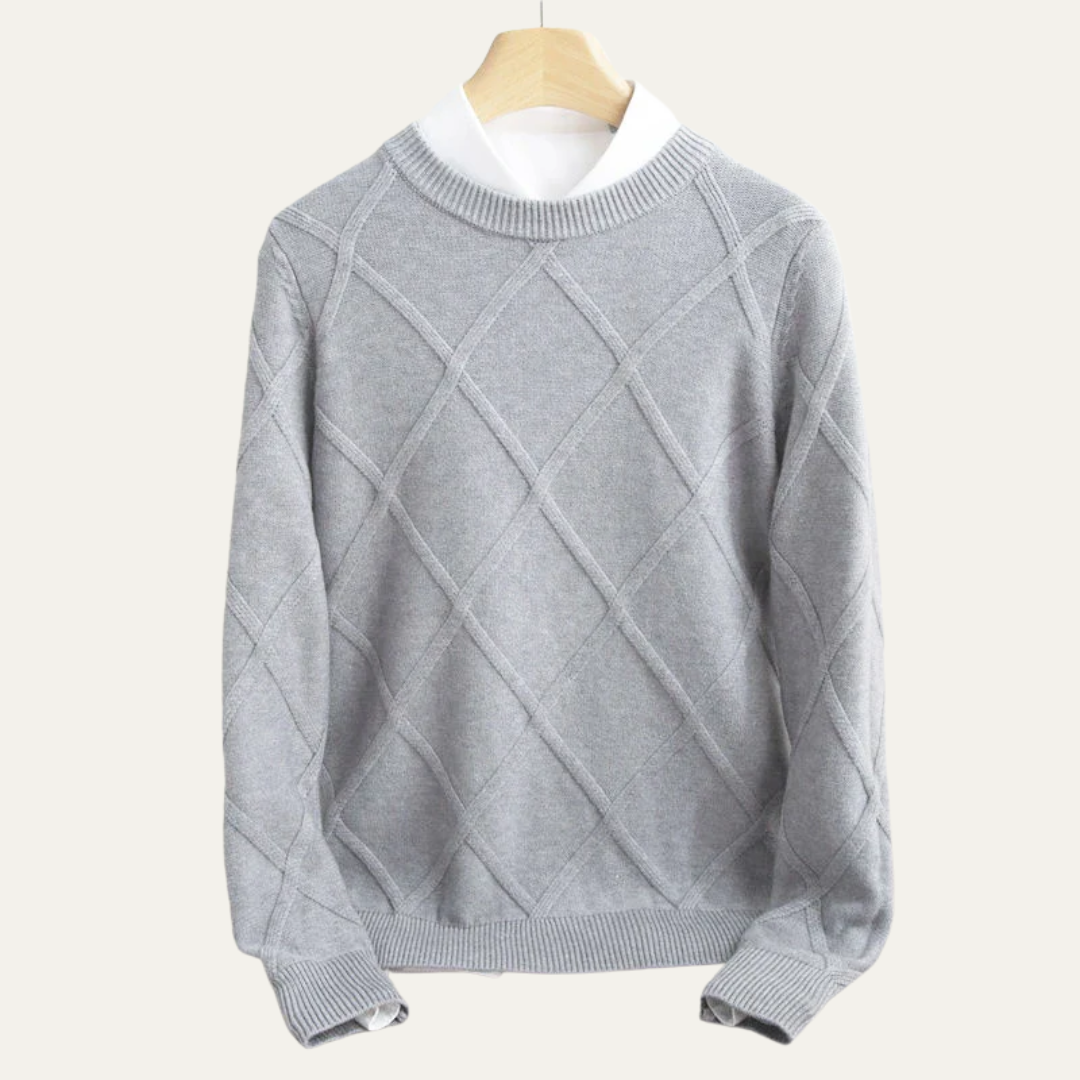 Mens Crew Neck Sweater Argyle Pattern Ribbed Fit