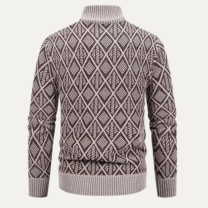 Mens Knit Zip Jacket with Diamond Pattern Stand Collar